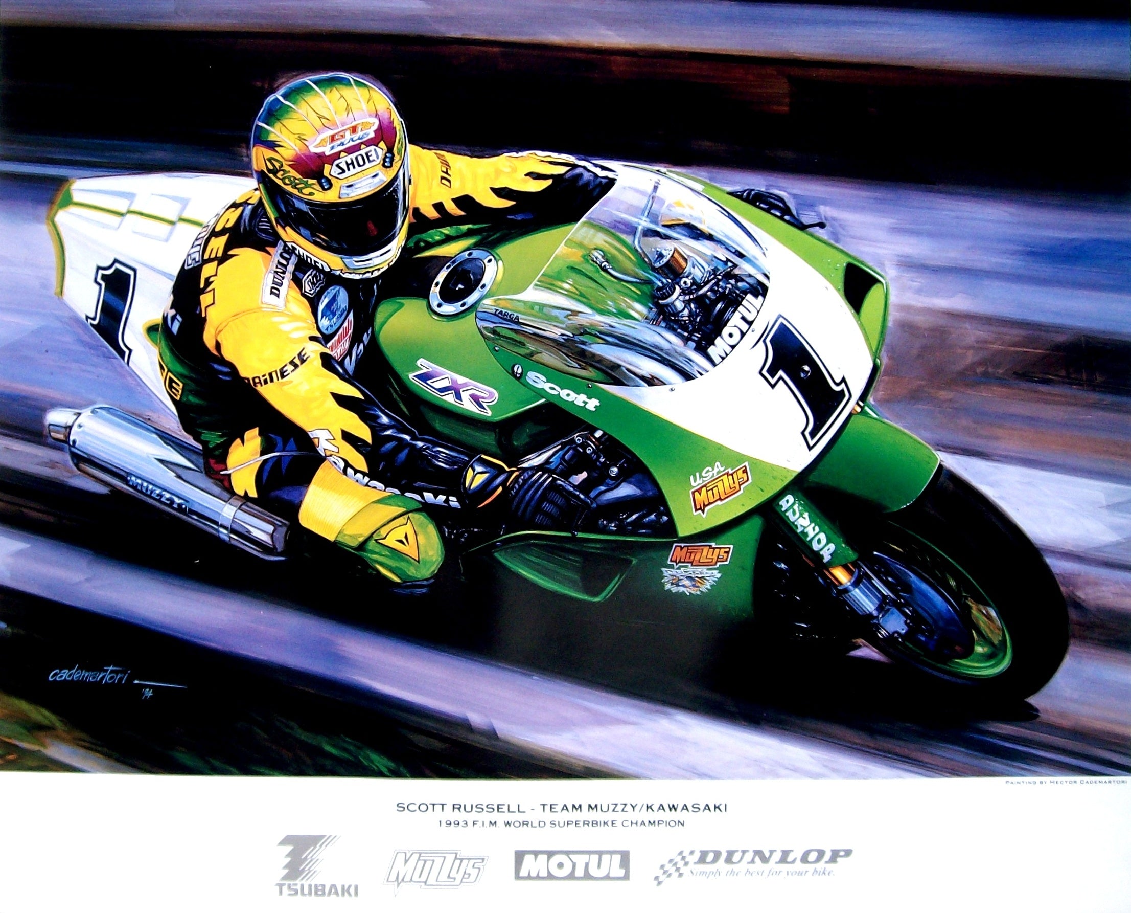 scott russell shoei helmet Scott Russell-Kawasaki- 1993 FIM World Superbike Champion. Poster – Hector Cademartori Motor Racing Art